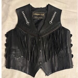 American Top Womens Black Leather‎ Fringe Beaded Western Biker Vest XL